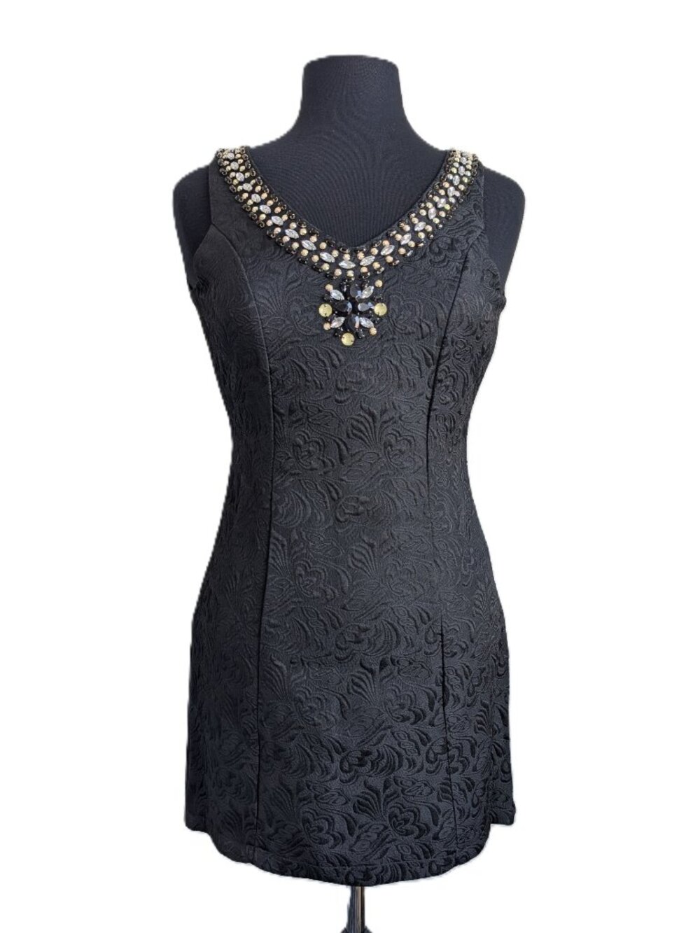NWT Hand Beaded Black Brocade Mini Dress | Medium
